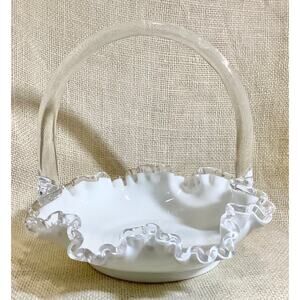 FENTON white Spanish lace silver crest ruffle edge 7 inch glass basket